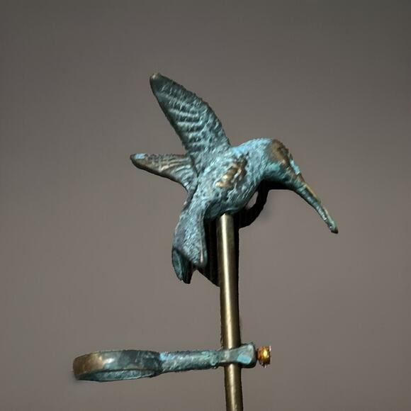 Hummingbird Yard Garden Sign Plant Stake Brass Lawn Decor Patina Metal Flower - Picture 2 of 4